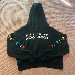 FRIENDS Black Graphic Hoodie for Kids with Multicolor Sleeve Accents